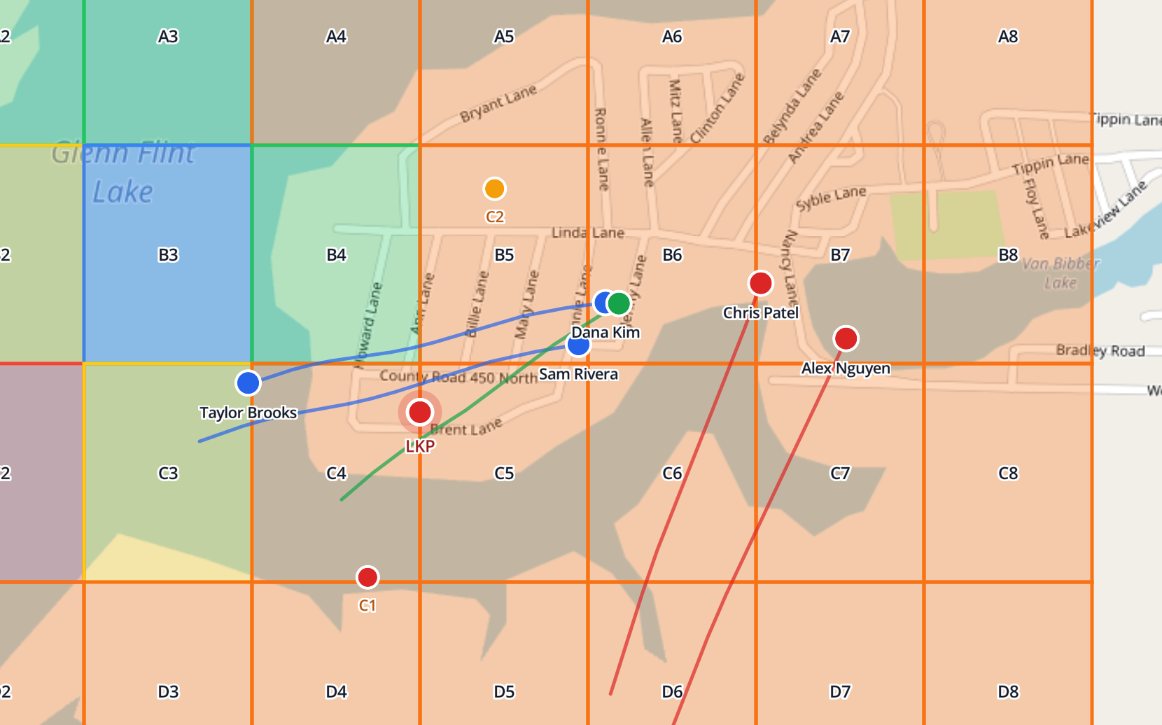 Searcher positions and trails on the map