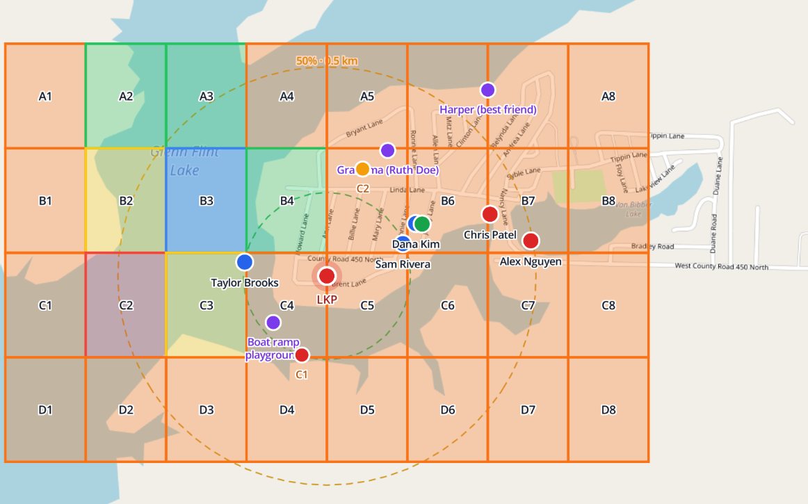 Map with lost-person-behavior distance rings